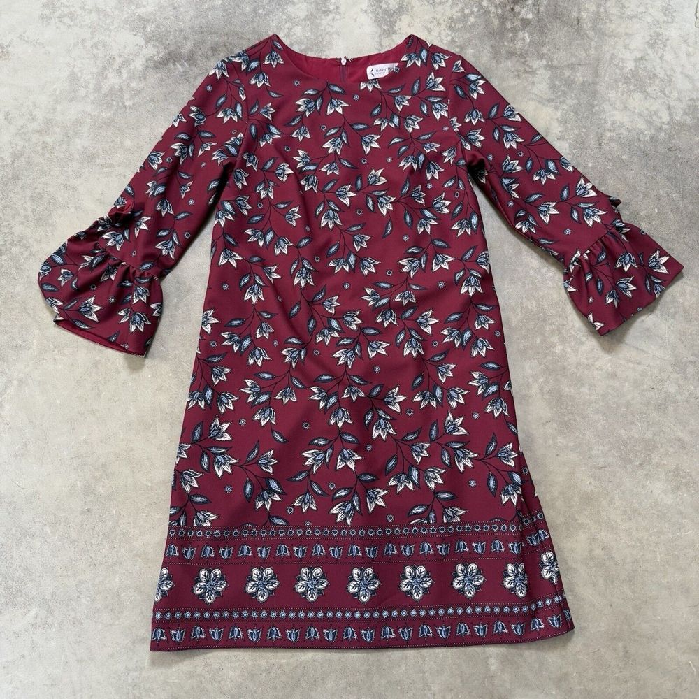 Nanette‎ Lepore Dress Womens 2 Red Floral Maxi Cranberry Floral Bell Sleeve
